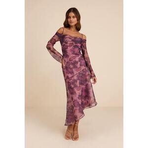 Lulus Pia Mauve Purple Floral Asymmetrical Midi Dress - Size XL